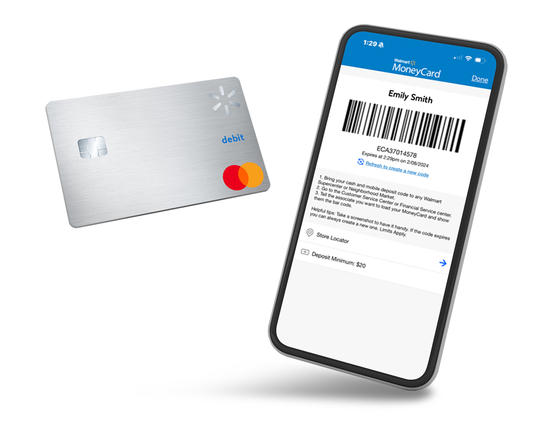 With a Walmart MoneyCard account deposit cash for free at Walmart and With the Walmart MoneyCard app create a deposit code to deposit cash for free at Walmart